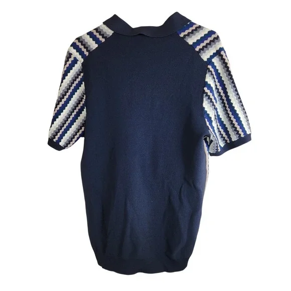 REISS Mens Blanco 1/2 Zip Knit Polo Shirt Blue Geo Print Zig Zag Top Size Large - Picture 3 of 7